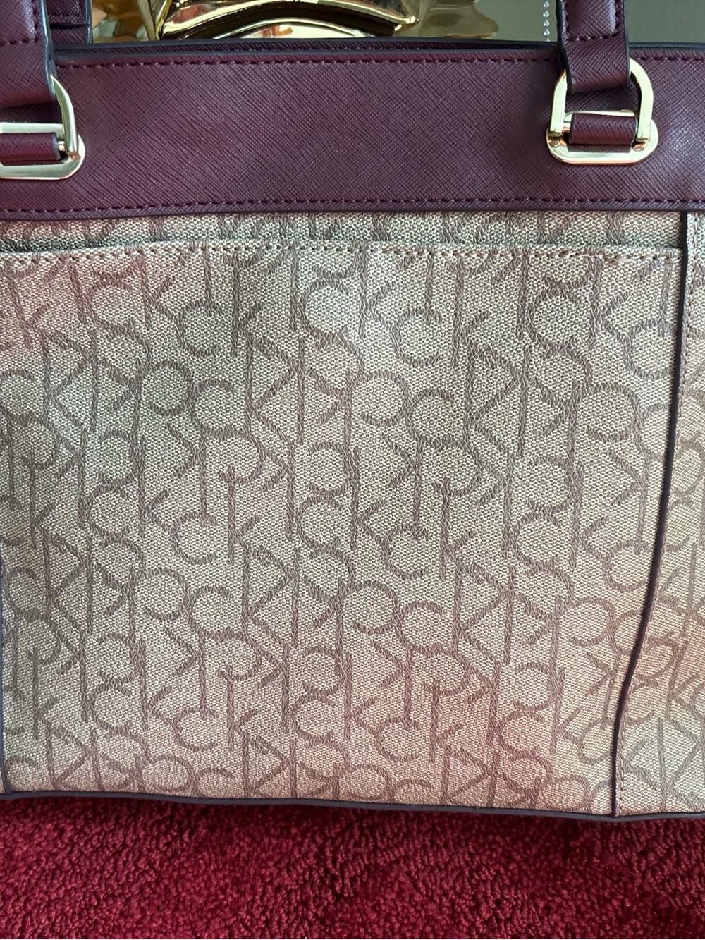 Calvin Klein Beige Monogram Tote with Burgundy Trim - Picture 5 of 7